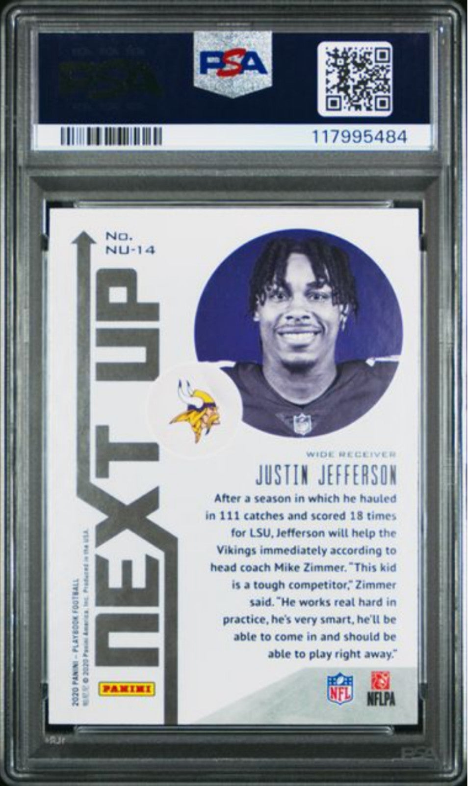 Graded 2020 Panini Playbook Justin Jefferson #14 Next Up Rookie RC Card PSA 10