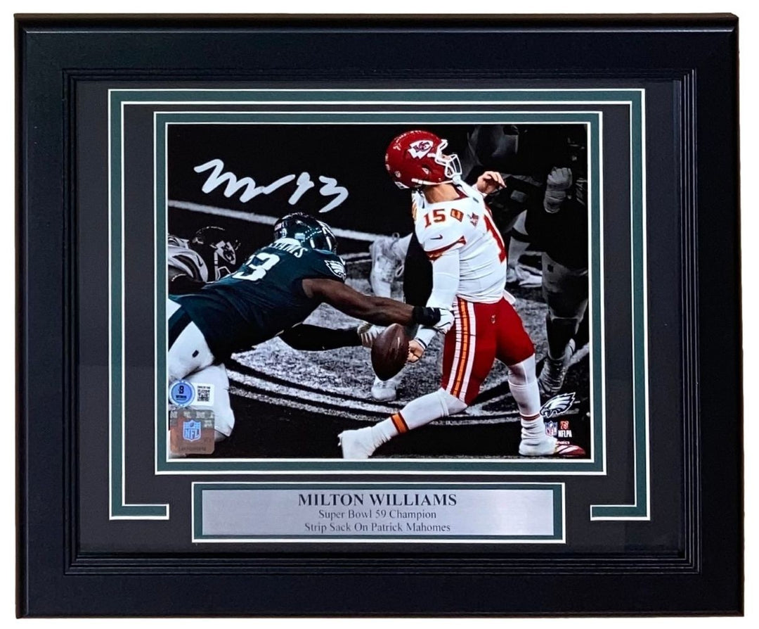 Milton Williams Signed Framed 8x10 Eagles SB 59 Mahomes Strip Sack Photo BAS