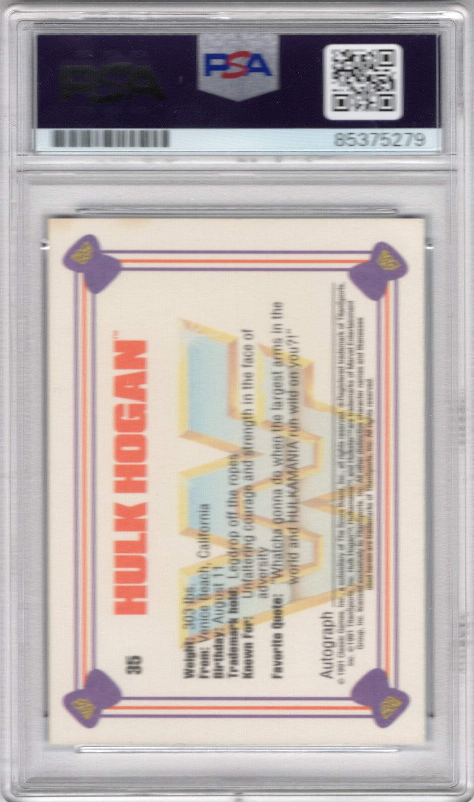 Hulk Hogan 1991 Classic Autographed Card PSA Auto Grade GEM MT 10