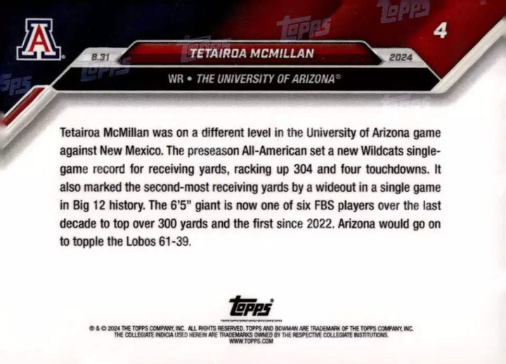2024 Bowman U Now Tetairoa McMillan #4 Purple /25 Arizona Wildcats Football Card