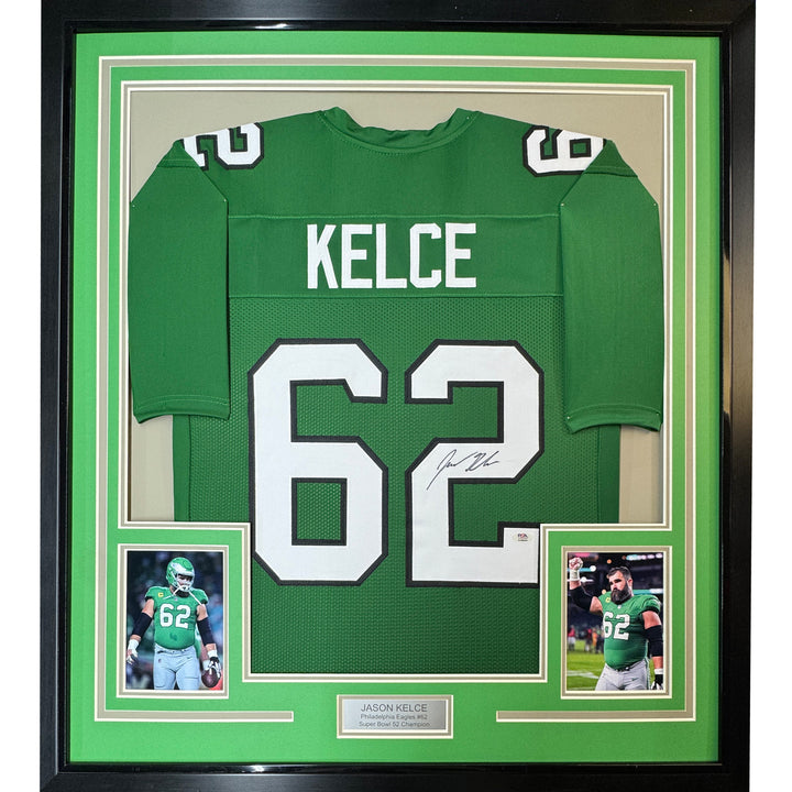 Framed Autographed/Signed Jason Kelce 35x39 Kelly Green Jersey PSA/DNA COA