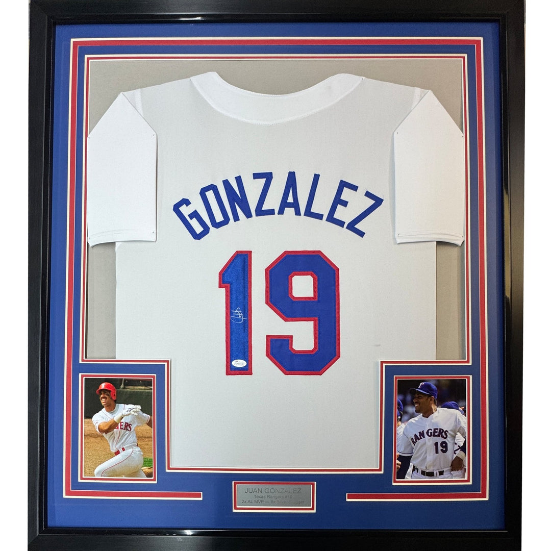 Framed Autographed/Signed Juan Gonzalez 35x39 Texas White Jersey JSA COA