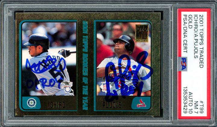 Ichiro & Albert Pujols Auto 2001 Topps Traded Gold RC PSA 7 Sig 10 01 ROY #/2001