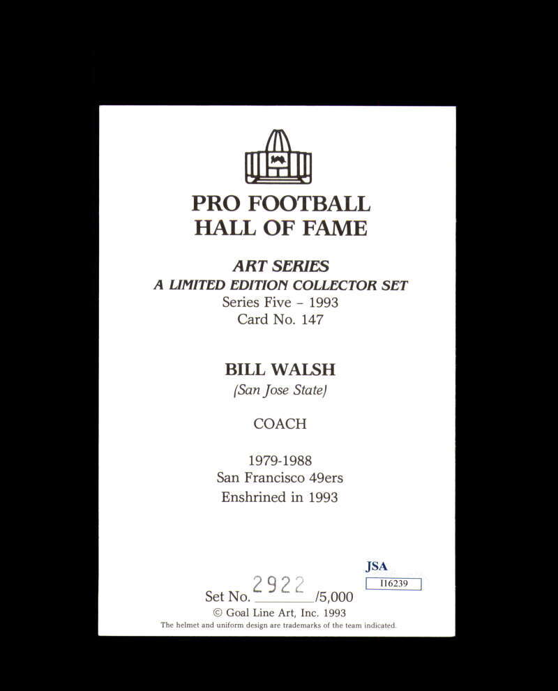 Bill Walsh JSA Coa Signed Goal Line Art Card GLAC Autograph