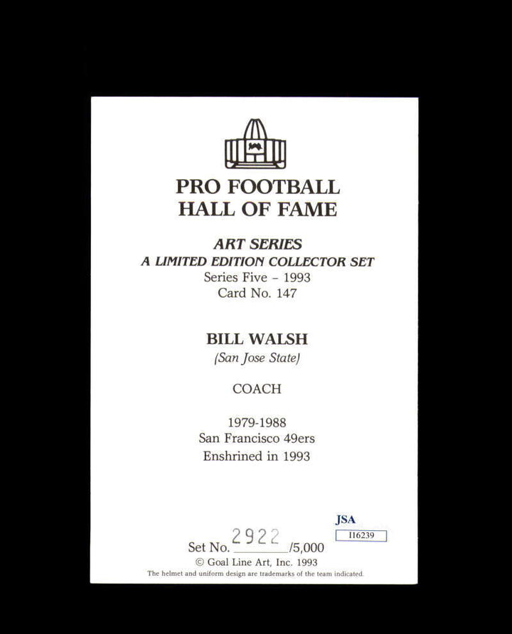 Bill Walsh JSA Coa Signed Goal Line Art Card GLAC Autograph