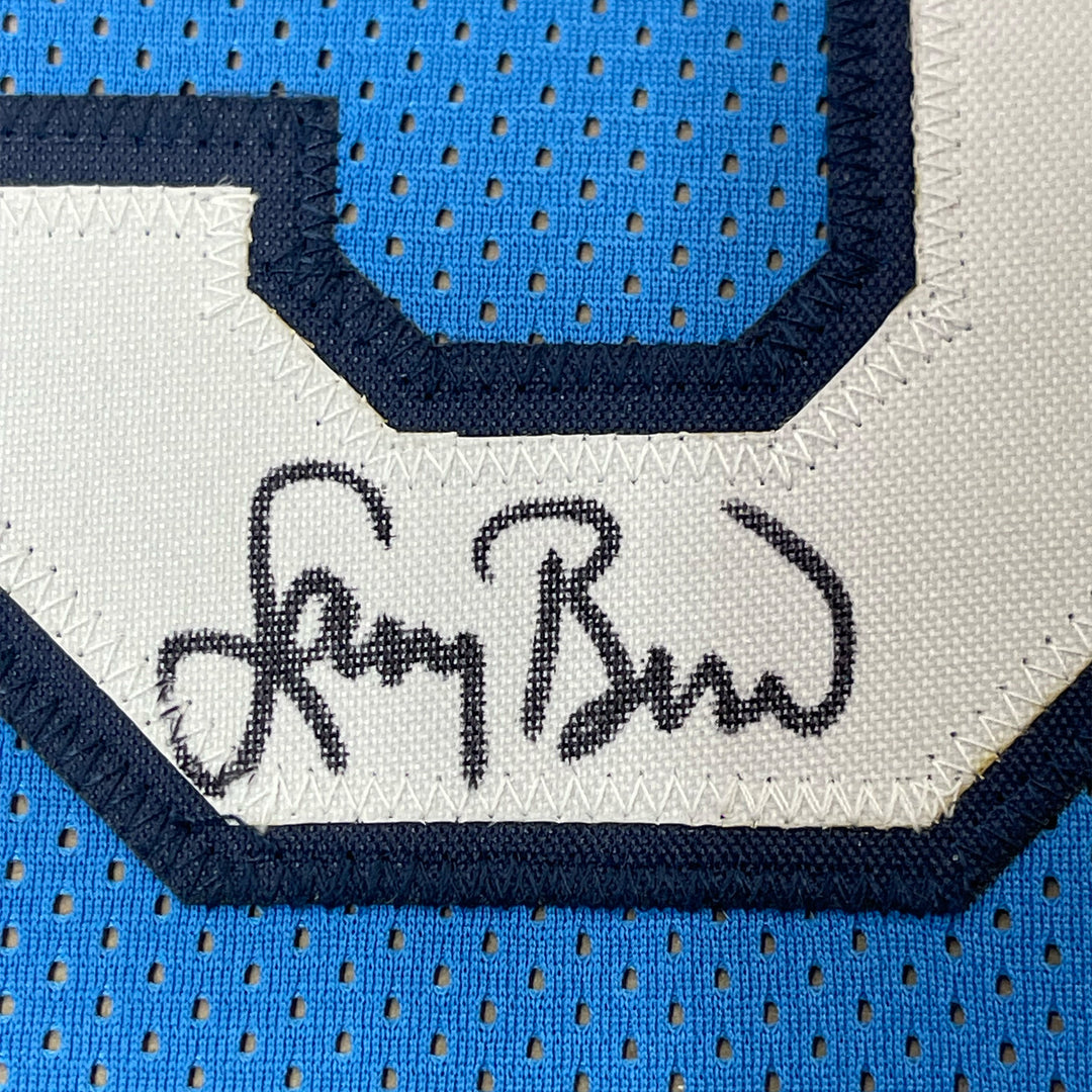 Framed Autographed/Signed Larry Bird 33x42 Indiana State Blue Jersey JSA COA