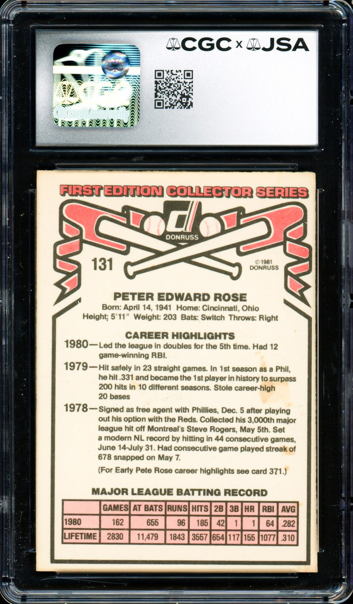 Pete Rose Signed 1981 Donruss Card 131 Phillies CGC x JSA
