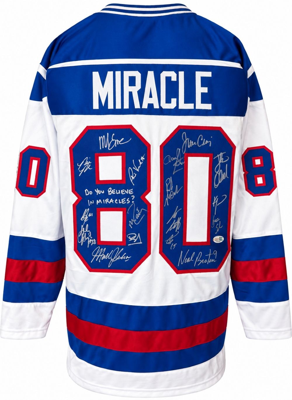1980 USA Hockey (17) Signed White Olympic Hockey Jersey Do You Believe JSA QR