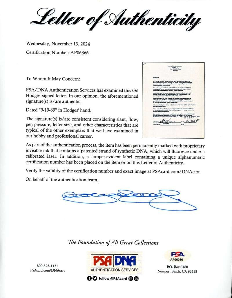 Gil Hodges PSA DNA Loa Signed 1969 Contract Letter Mets Rare Autograph