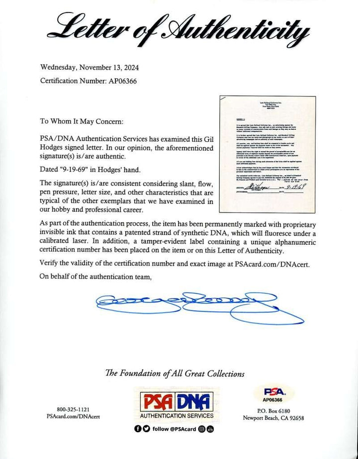 Gil Hodges PSA DNA Loa Signed 1969 Contract Letter Mets Rare Autograph