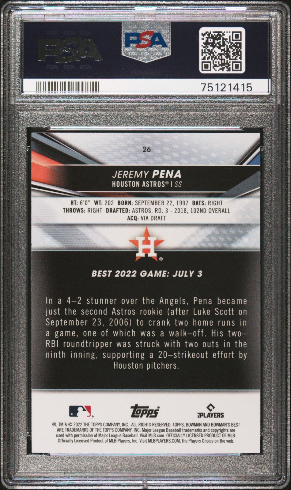 Graded 2022 Topps Bowmans Best Jeremy Pena #26 Rookie RC Card PSA 10