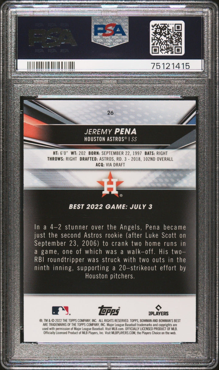 Graded 2022 Topps Bowmans Best Jeremy Pena #26 Rookie RC Card PSA 10