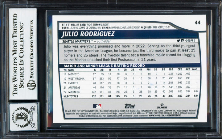 Julio Rodriguez Signed 2023 Topps Big League Card 44 Mariners Auto GM 10 Beckett