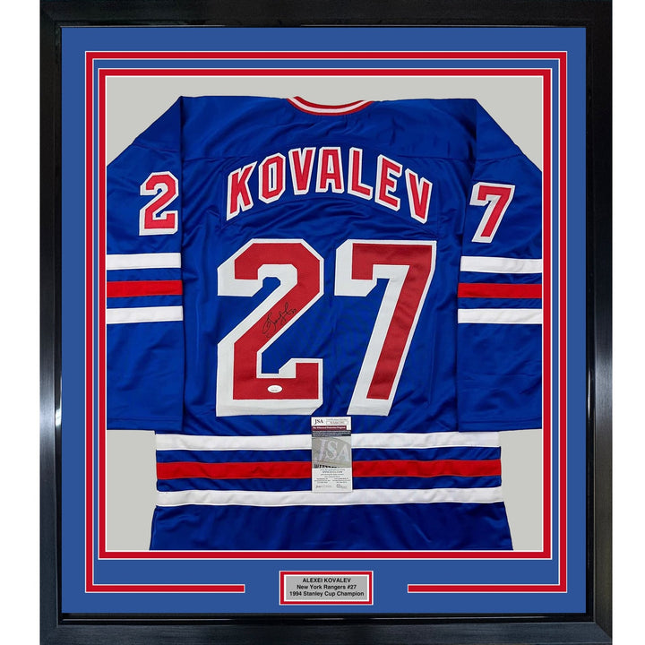 Framed Autographed/Signed Alexei Kovalev 35x39 New York Blue Jersey JSA COA