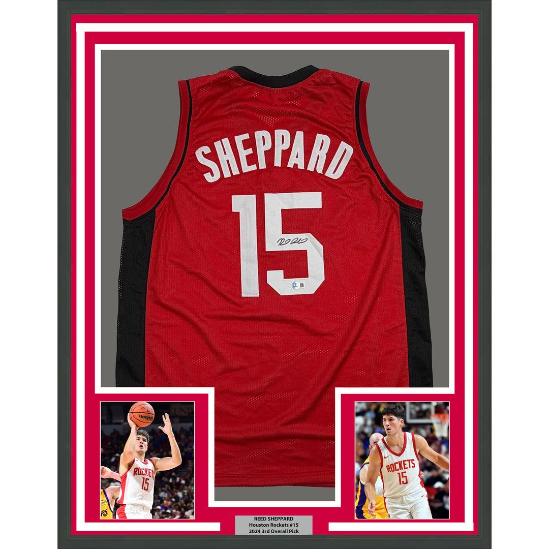 Framed Autographed/Signed Reed Sheppard 35x39 Houston Red Jersey Beckett BAS COA