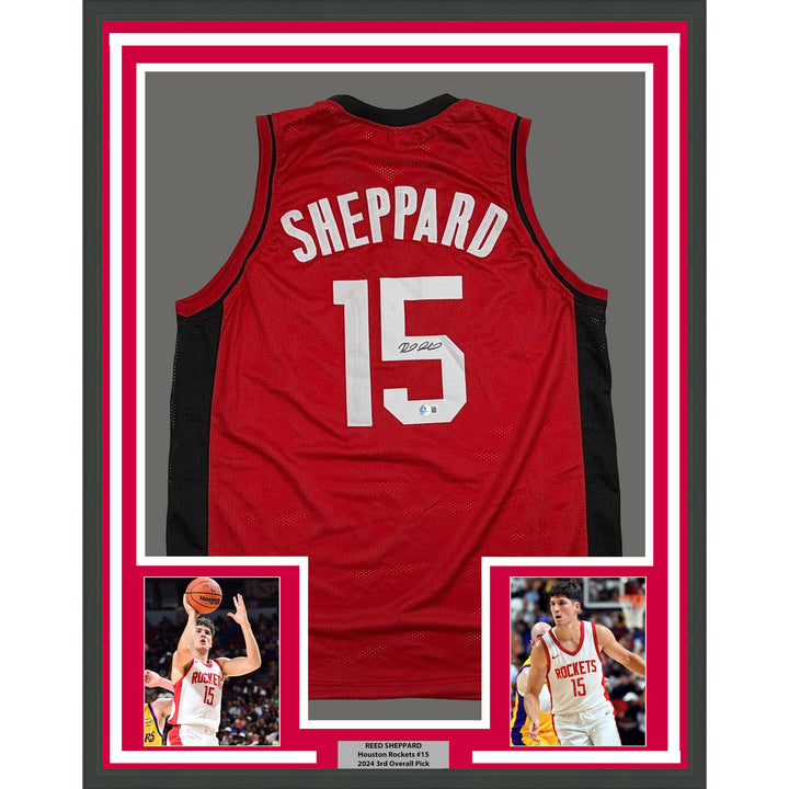 Framed Autographed/Signed Reed Sheppard 35x39 Houston Red Jersey Beckett BAS COA