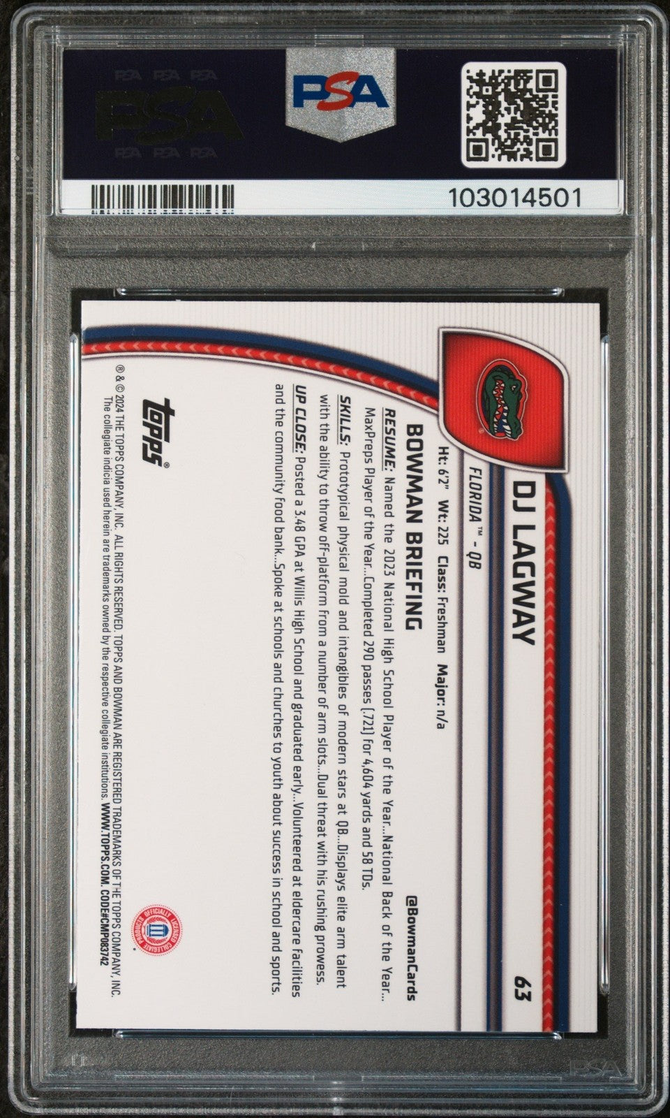 Graded 2024 Topps Bowman U Chrome DJ Lagway #63 Rookie RC Card PSA 10
