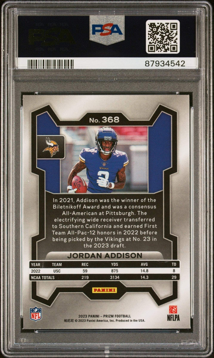 Graded 2023 Panini Prizm Jordan Addison #368 Rookie RC Football Card PSA 10 Gem