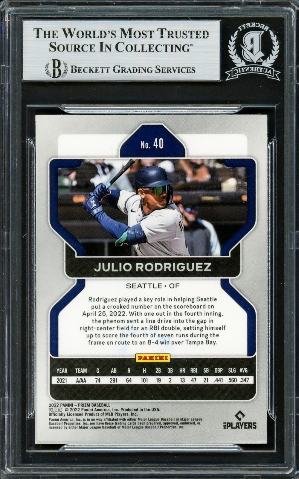 Julio Rodriguez Signed 2022 Panini Prizm RC 40 Seattle Mariners Beckett