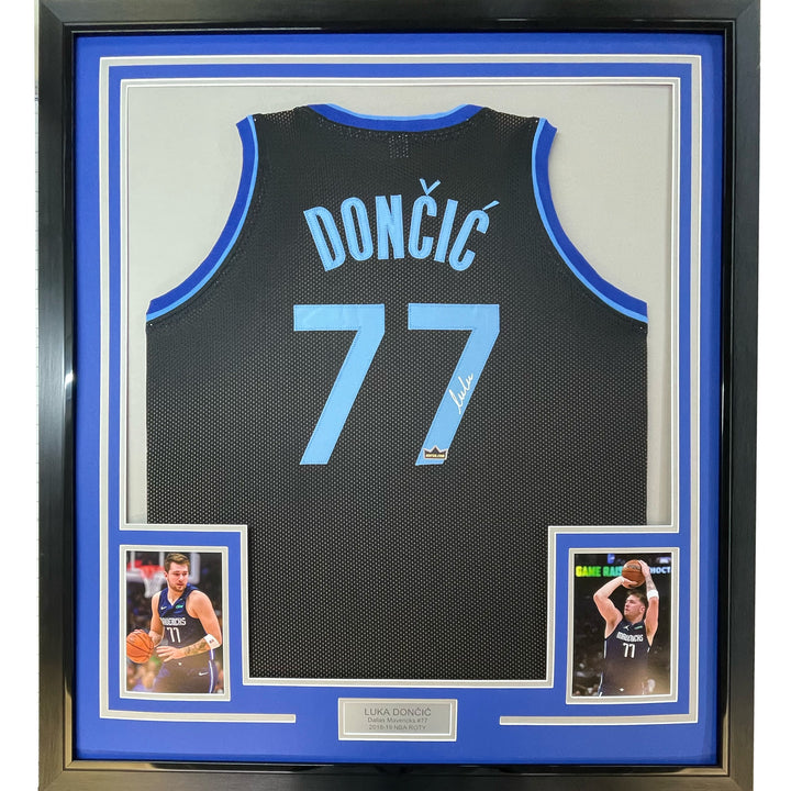 Framed Facsimile Autographed Luka Doncic 33x42 Black Reprint Laser Auto Jersey
