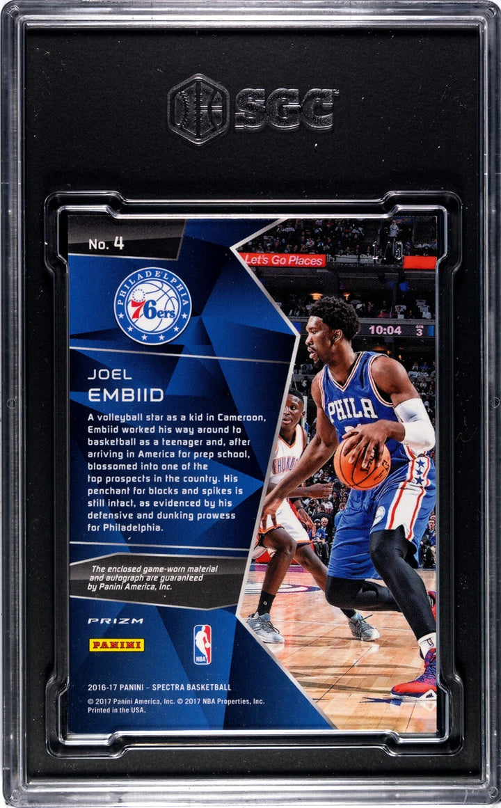 Joel Embiid 2016-17 Spectra Global Icons Material Neon Auto /5- SGC Graded 8.5