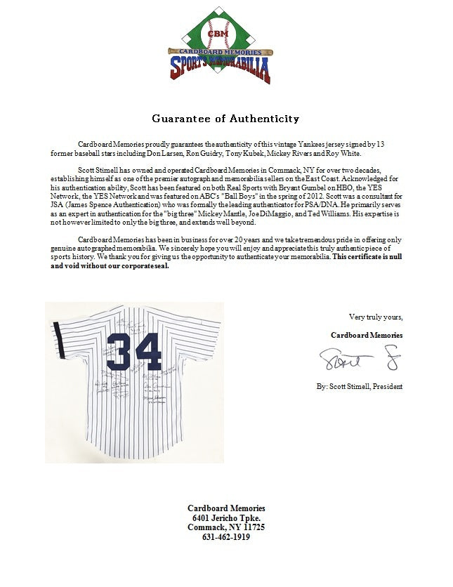 13 MLB Stars & Legends Signed Inscribed Vintage Yankees Jersey Larsen Guidry COA