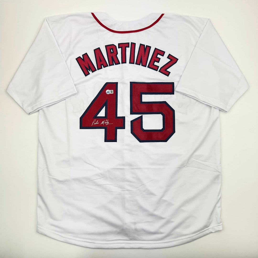 Autographed/Signed Pedro Martinez Boston White Jersey Beckett BAS COA