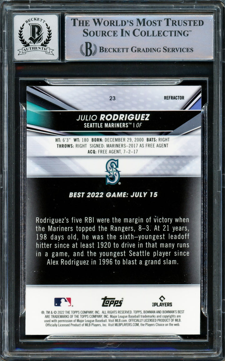 Julio Rodriguez Signed 2022 Bowman's Best Refractors RC #23 Mariners Auto 10