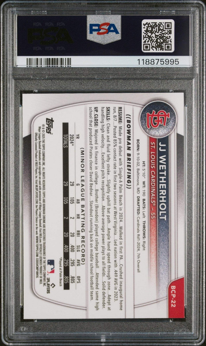 Graded 2025 Bowman JJ Wetherholt #BCP22 Chrome Reptilian REF Rookie Card PSA 10