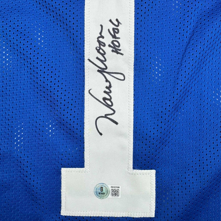 Autographed/Signed Warren Moon HOF 06 Seattle Blue Retro Jersey Beckett BAS COA