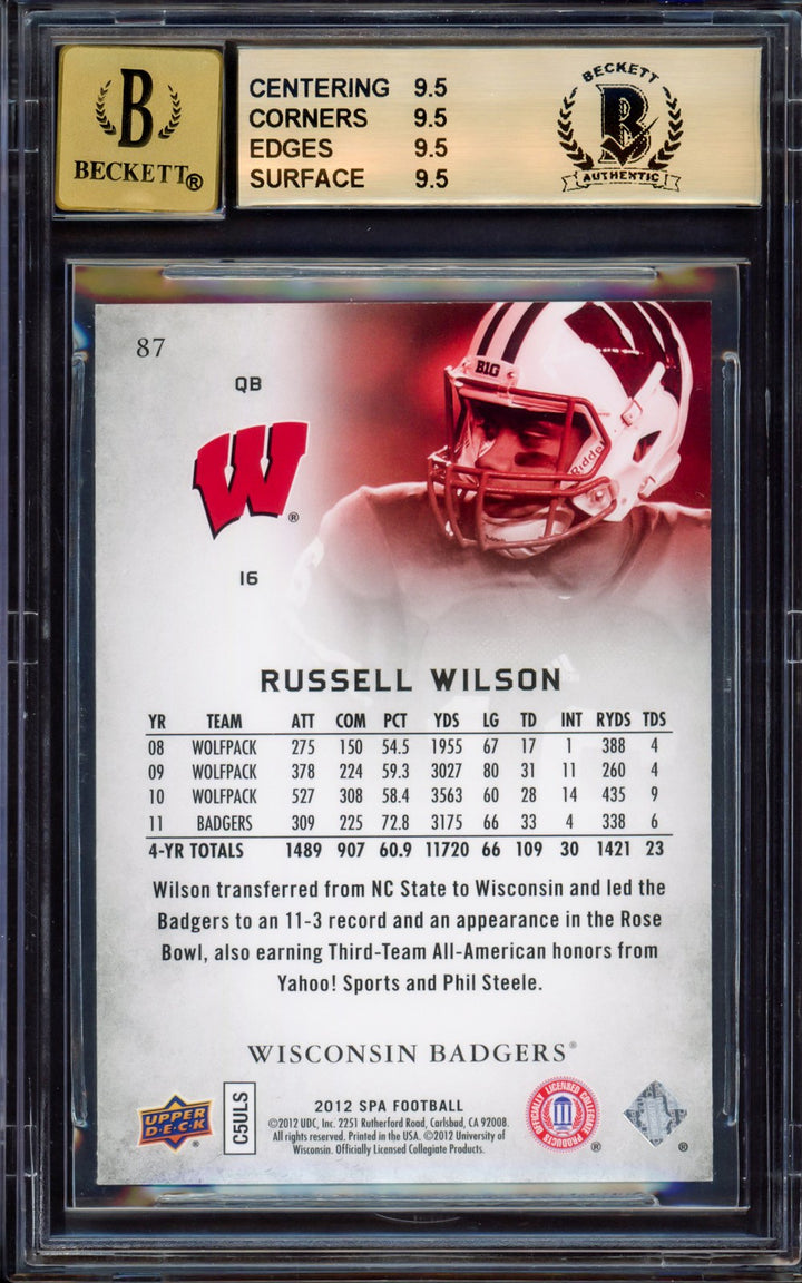 Russell Wilson Auto 2012 SP Authentic RC 87 Wisconsin BGS 9.5 Sig 10 Beckett