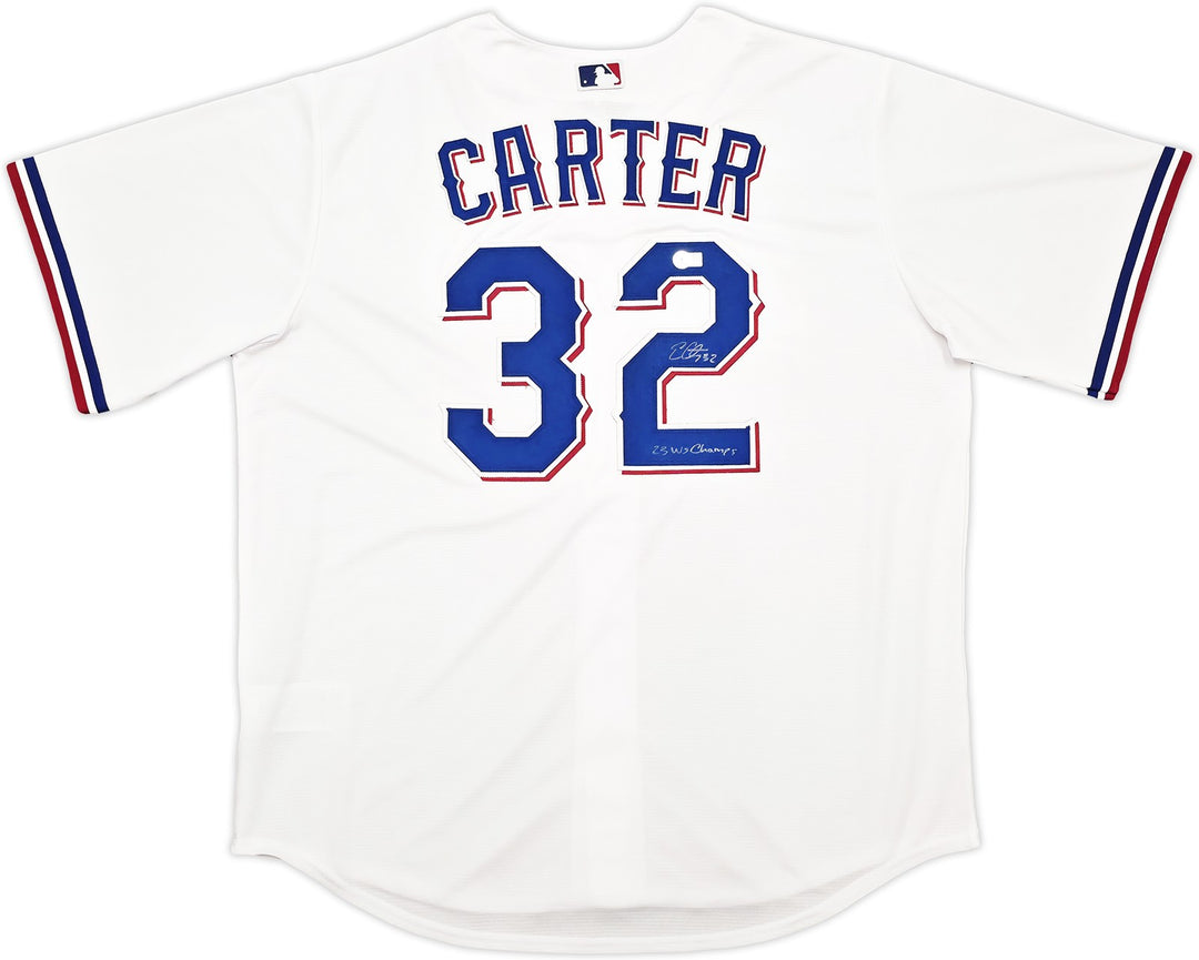 Rangers Evan Carter Signed White Nike Jersey Size XL "23 WS Champs" Beckett Wit