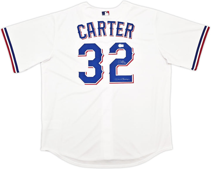 Rangers Evan Carter Signed White Nike Jersey Size XL "23 WS Champs" Beckett Wit