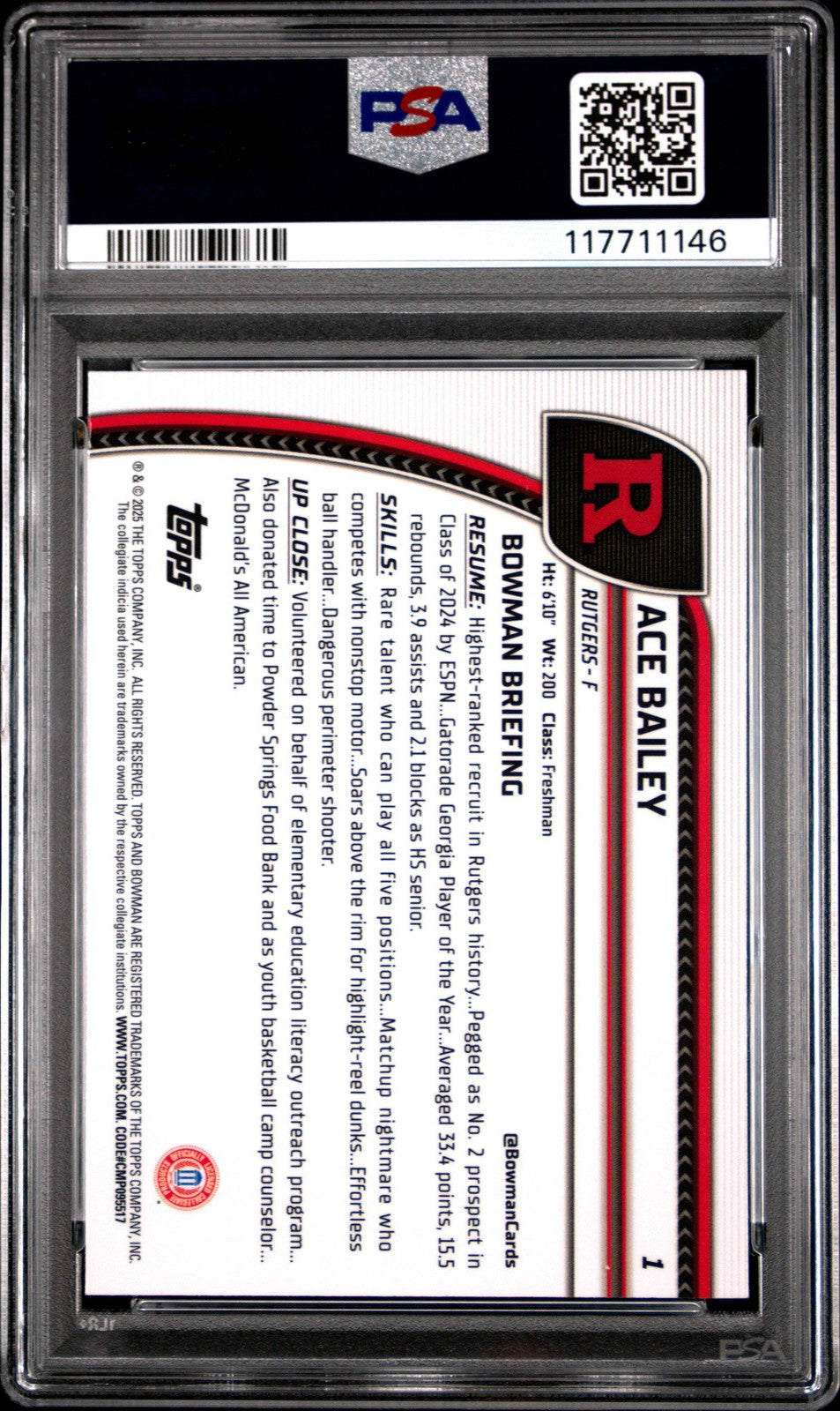 Graded 2024 Topps Bowman U Chrome Ace Bailey #1 Rookie RC Basketball Card PSA 10