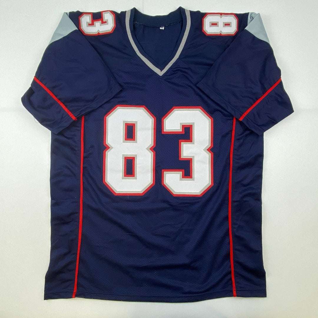 Autographed/Signed Wes Welker New England Blue Jersey Beckett BAS COA
