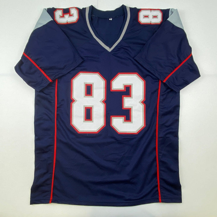 Autographed/Signed Wes Welker New England Blue Jersey Beckett BAS COA