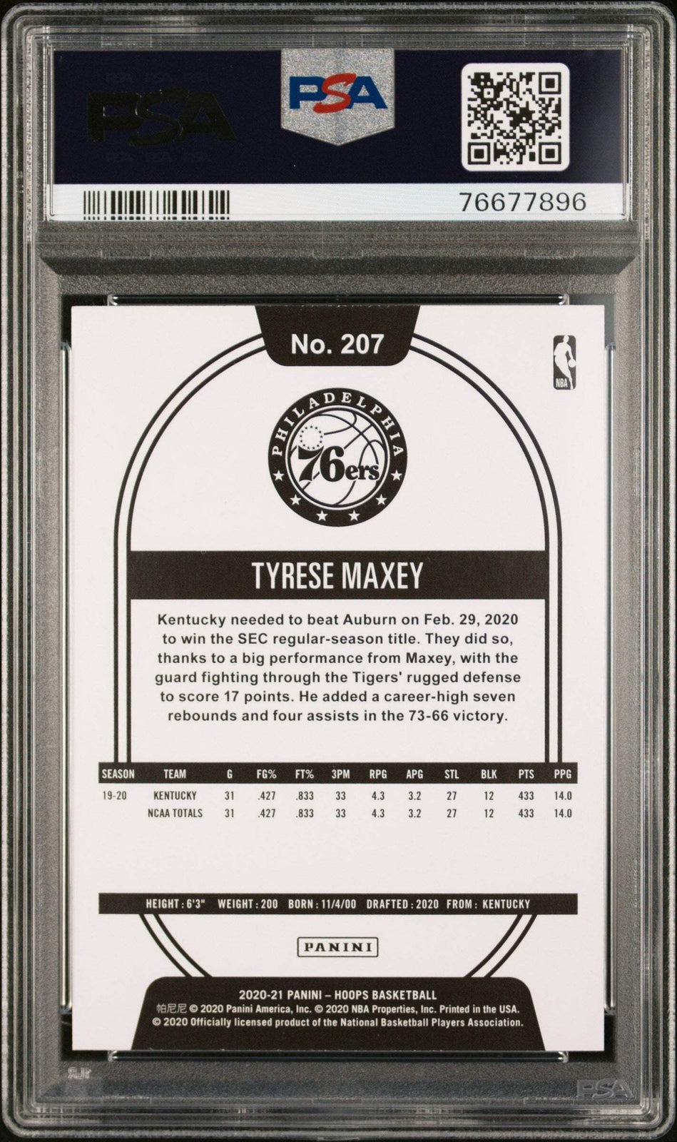 Graded 2020 Panini Hoops Tyrese Maxey #207 Teal Explosion Basketball Card PSA 10