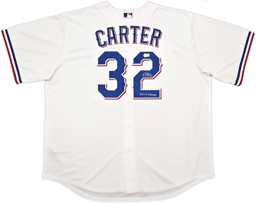 Rangers Evan Carter Signed White Nike Jersey Size XXL "23 WS Champs" Beckett Wit