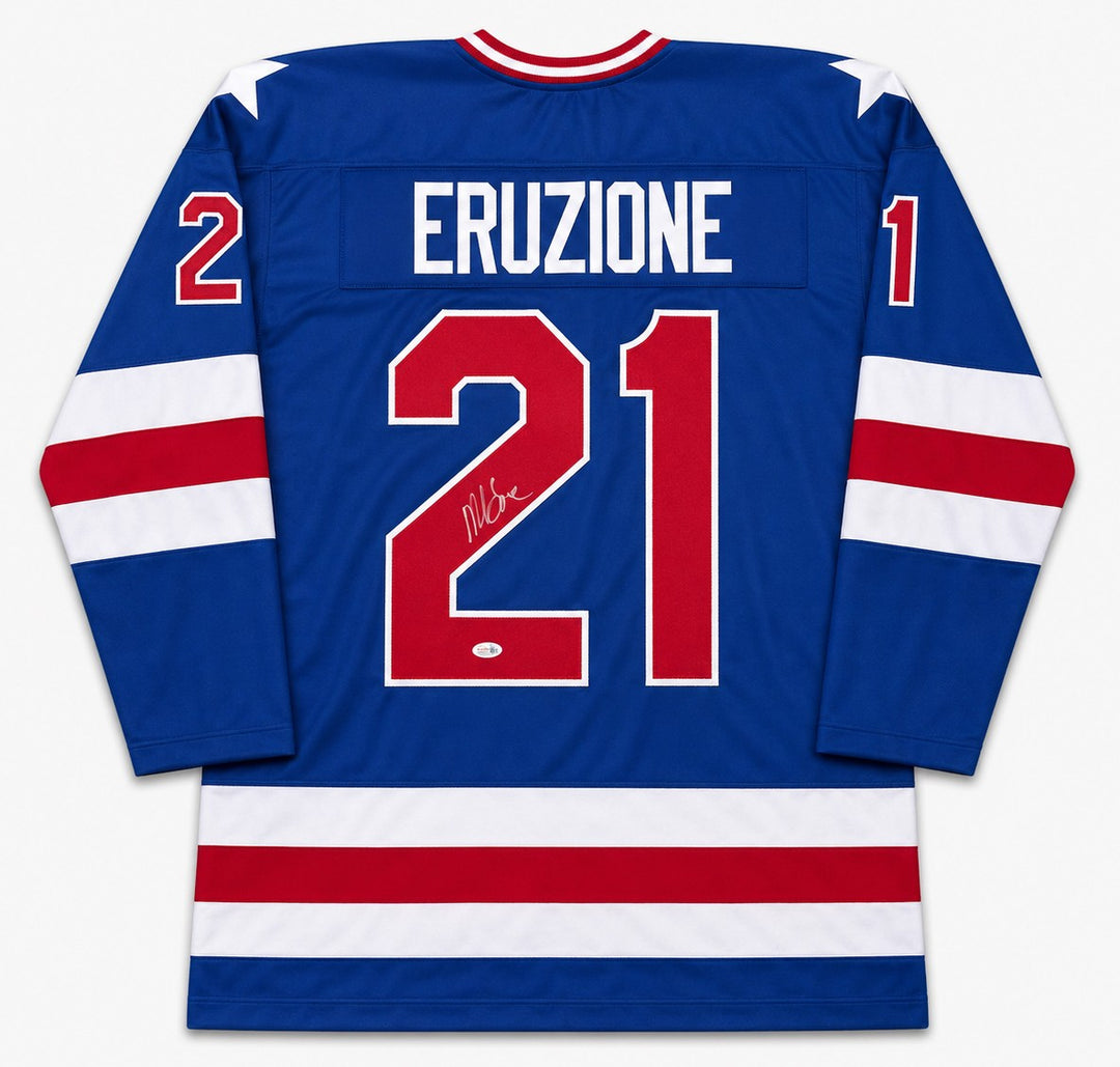 1980 Team USA Mike Eruzione Signed Blue Jersey JSA Witness