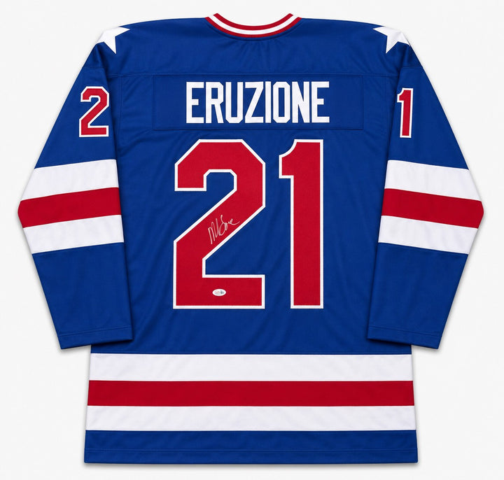1980 Team USA Mike Eruzione Signed Blue Jersey JSA Witness