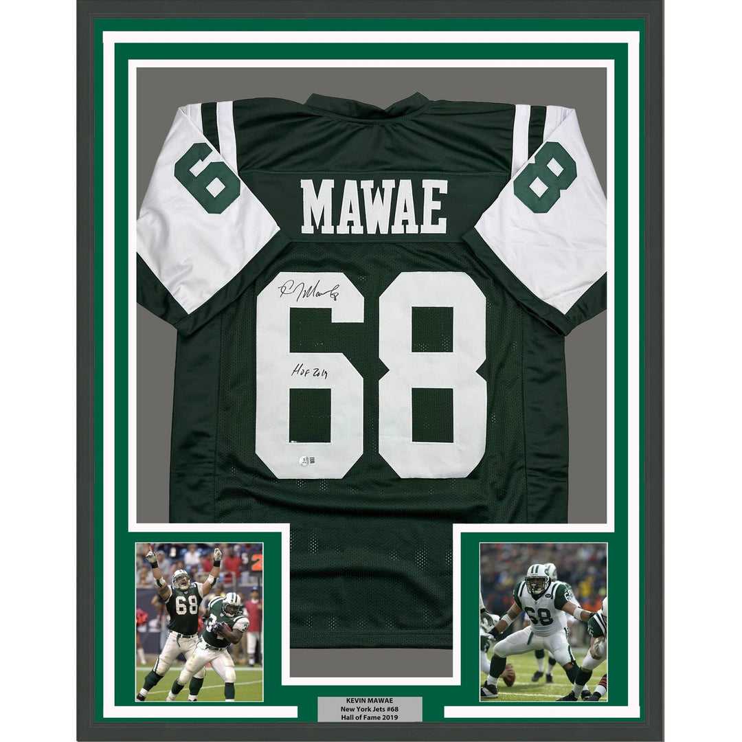 Framed Autographed/Signed Kevin Mawae 35x39 HOF New York Green Jersey COA