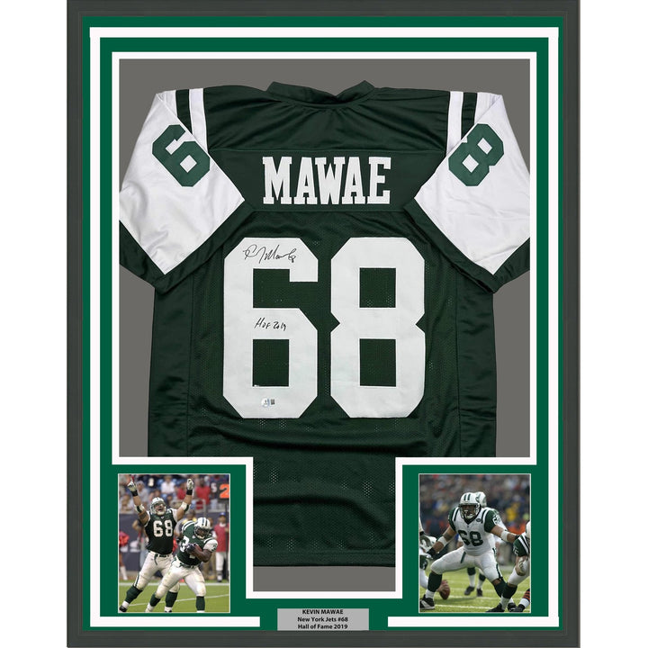 Framed Autographed/Signed Kevin Mawae 35x39 HOF New York Green Jersey COA