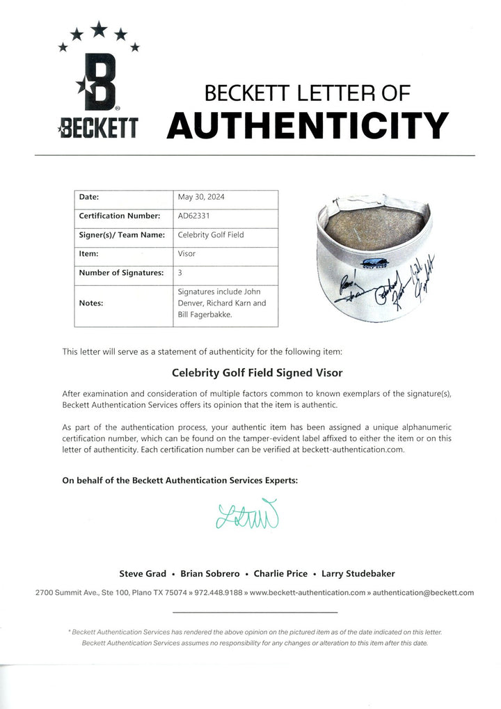 John Denver Richard Karn Bill Fagerbakke Autographed Golf Visor Beckett 55418