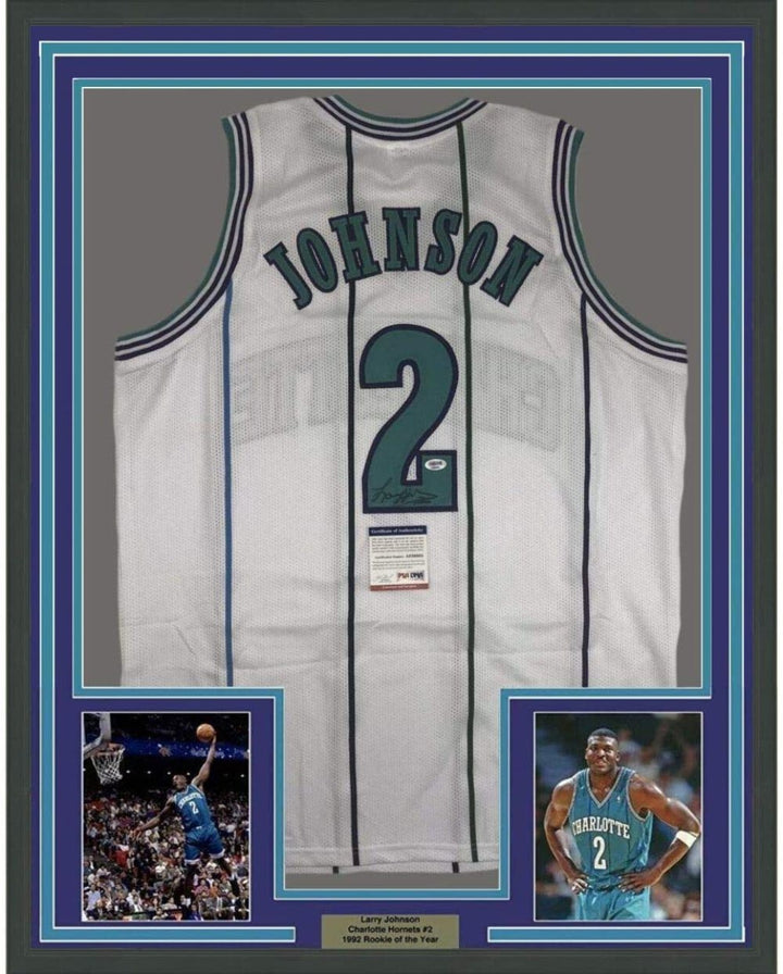 FRAMED Autographed/Signed LARRY JOHNSON 33x42 Charlotte White Jersey PSA/DNA COA