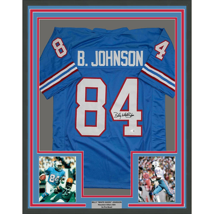 Framed Signed Billy White Shoes Johnson 35x39 Blue Jersey JSA COA