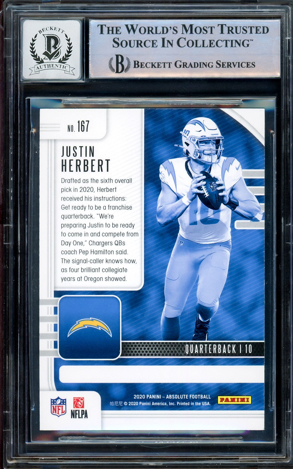 Justin Herbert Signed 2020 Panini Absolute RC 167 Chargers Auto GM 10 Beckett