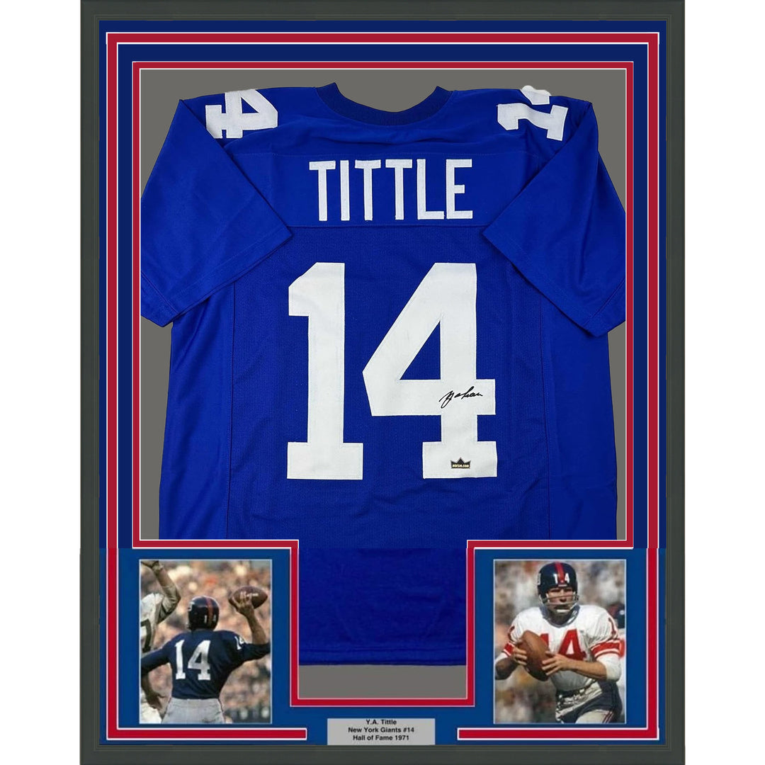 Framed Facsimile Autographed Y.A. YA Tittle 35x39 New York Blue Reprint Jersey
