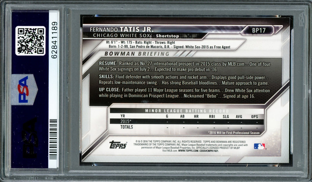 Fernando Tatis Jr Auto 2016 Bowman Prospects Yellow RC BP17 PSA 7 Sig 10 PSA/DNA