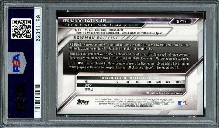 Fernando Tatis Jr Auto 2016 Bowman Prospects Yellow RC BP17 PSA 7 Sig 10 PSA/DNA