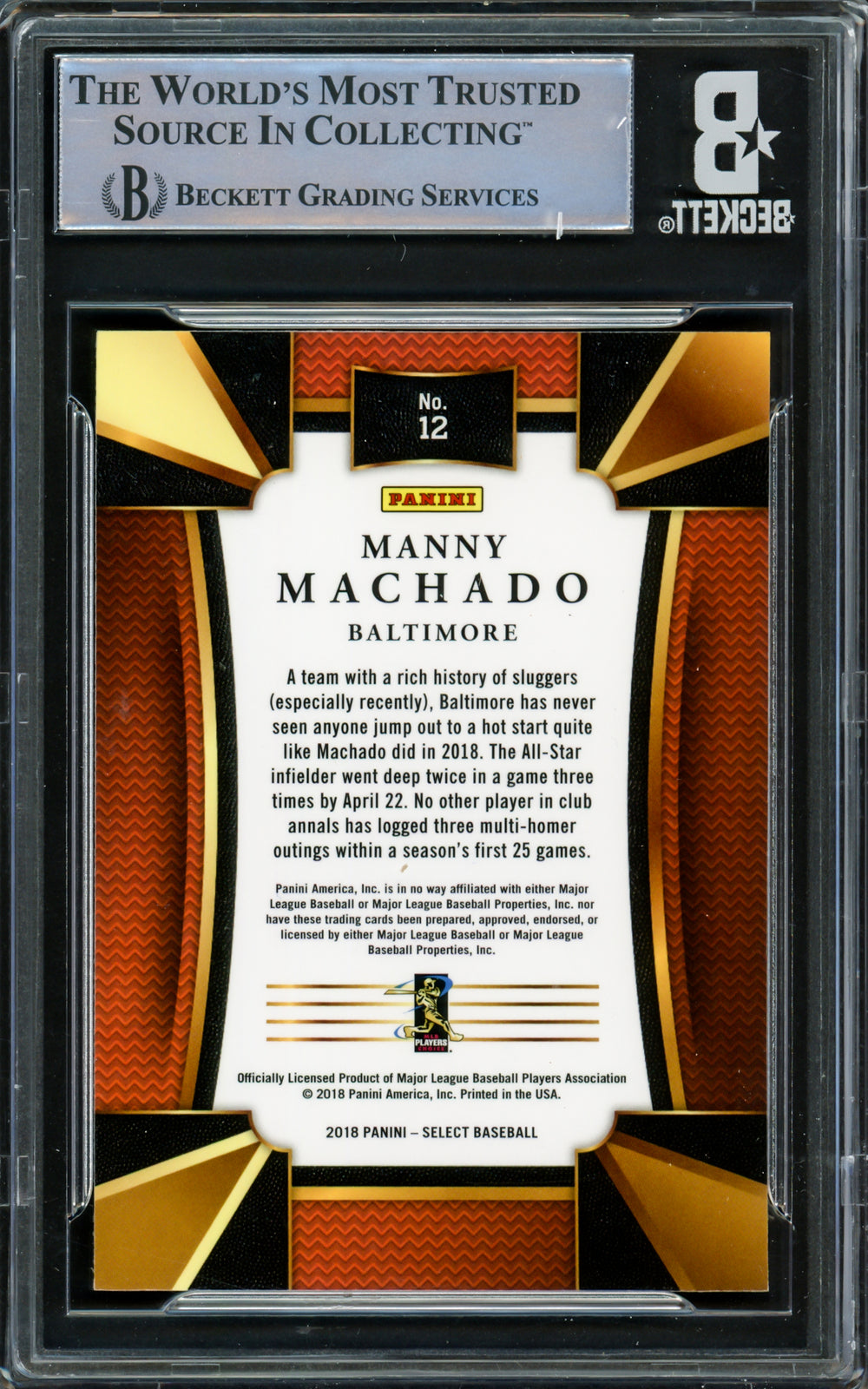 Manny Machado Autographed 2016 Panini Select Card #12 Orioles Beckett #16545581